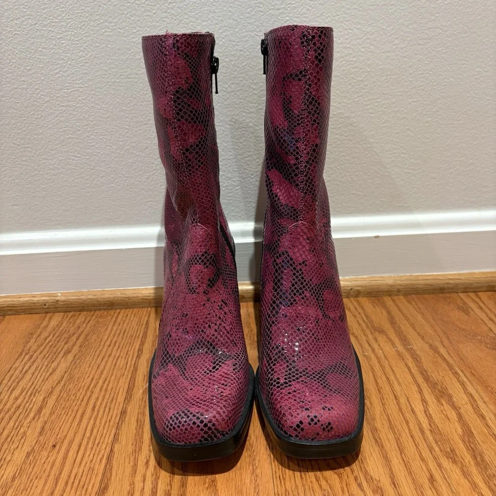 New Vtg Y2K Mainframe Magenta‎ Chunky Block Heel Leather Boot Square Toe 7 Bratz - Picture 6 of 13